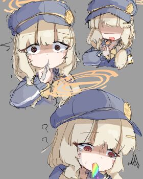  1girl ? @_@ absurdres aoba_(blue_archive) armband black_hat black_jacket blonde_hair blue_archive bow bowtie eating faceless faceless_male grey_background hair_between_eyes hair_ornament hairclip halo hat highres jacket looking_at_viewer medium_hair multiple_views newsboy_cap red_eyes shaded_face trembling vomiting_rainbows watanuki_(f41co_) yellow_armband yellow_bow yellow_bowtie yellow_halo 