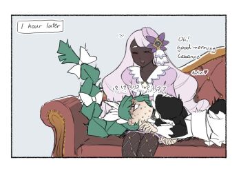  !? 2girls bow braid closed_eyes commentary couch dark-skinned_female dark_skin dress english_commentary english_text green_hair hair_bow jacinthe_(pokemon) lap_pillow lebanne_(pokemon) long_hair maid multiple_girls nervous_sweating nintendo open_mouth pokemon pokemon_legends:_z-a purple_hair simple_background sitting smile sweat tencryingemojis very_long_hair white_background yuri 