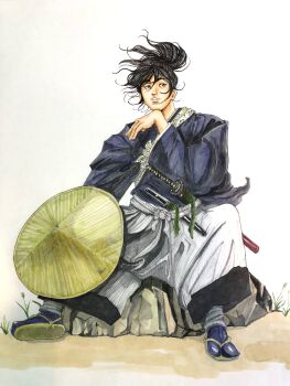  1boy black_eyes black_hair character_request clenched_teeth commentary_request full_body hair_between_eyes hand_up hat highres japanese_clothes katana long_sleeves male_focus on_rock parted_lips rock ryouma_ga_yuku samurai sitting slippers socks solo straw_hat suzunoki_yuu sword teeth traditional_media weapon 