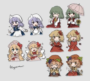  5girls aki_minoriko aki_shizuha bird blonde_hair commentary_request flower green_hair highres holding holding_paint_palette holding_paintbrush holding_umbrella kazami_yuuka koyane_(silver81106) letty_whiterock lily_white long_hair medium_hair multiple_girls orange_hair paint_palette paintbrush parasol purple_eyes purple_hair sunflower touhou umbrella yellow_flower 