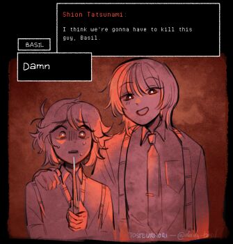  2boys absurdres antenna_hair artist_name basil_(faraway)_(omori) basil_(omori) breast_pocket bright_pupils character_name collared_shirt dialogue_box double-parted_bangs english_text hair_between_eyes highres holding holding_knife i_think_we're_gonna_have_to_kill_this_guy_steven_(meme) knife limited_palette looking_at_viewer male_focus meme multiple_boys necktie omori open_mouth parted_lips pocket red_theme saihate_eki shirt short_hair short_sleeves sidelocks sweat sweater_vest tatsunami_shion tosteurmori 