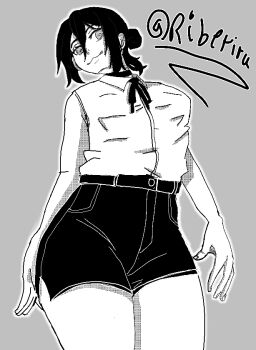  black_shorts bomb_devil_(chainsaw_man) chainsaw_man choker greyscale long_legs looking_at_viewer micro_shorts monochrome reze_(chainsaw_man) riberiru short_shorts shorts smile 