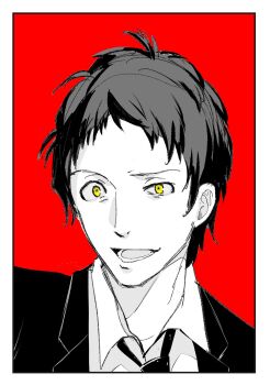  1boy adachi_tooru ajirostudio border commentary_request greyscale_with_colored_background highres male_focus monochrome necktie open_mouth persona persona_4 portrait red_background shirt short_hair simple_background solo spot_color white_border yellow_eyes 