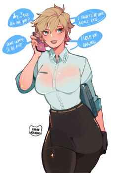  1girl blonde_hair breasts commentary dress_suit english_text formal_clothes highres kamii_momoru large_breasts phone resident_evil resident_evil_requiem sherry_birkin short_hair solo 