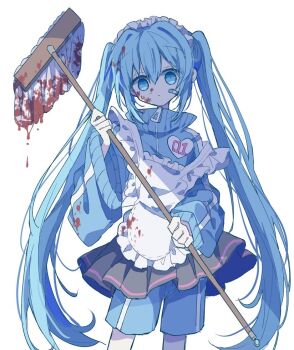  1girl apron bandaid bandaid_on_cheek bandaid_on_face black_skirt blood blood_on_clothes blood_on_face blue_eyes blue_hair blue_jacket blue_shorts broom closed_mouth commentary cowboy_shot frilled_apron frills futaba969649 hair_between_eyes hatsune_miku holding holding_broom jacket jersey_maid long_hair looking_at_viewer maid pleated_skirt shorts shorts_under_skirt simple_background skirt solo standing track_jacket twintails unconventional_maid very_long_hair vocaloid white_apron white_background zipper 
