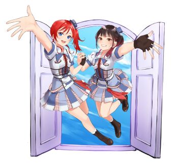  2girls animification black_hair blue_eyes blue_hat brown_eyes brown_gloves brown_shoes clenched_teeth commentary_request fingerless_gloves full_body gloves hat highres holding_hands interlocked_fingers liella!_7th_lovelive!_~fly!_music_world~ love_live! love_live!_superstar!! multicolored_hair multiple_girls official_alternate_costume official_alternate_hairstyle open_door open_hand open_mouth open_the_gate!!!_(love_live!) real_life red_hair shinyoujurin shoes short_hair_with_long_locks short_sleeves simple_background single_glove smile teeth two-tone_hair upper_teeth_only voice_actor white_background yabushima_akane yoneme_mei 