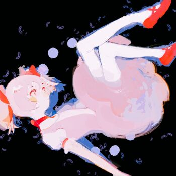  1girl black_background choker dress floating hair_ribbon highres kaname_madoka kaname_madoka_(magical_girl) kouritsuku_shimo looking_afar mahou_shoujo_madoka_magica mary_janes pale_skin petticoat pink_dress pink_hair puffy_short_sleeves puffy_sleeves red_choker red_shoes ribbon ribbon_choker shoes short_hair short_sleeves solo soul_gem twintails 