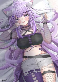  1girl animal_ears atatamemusubi black_bra bra breasts cat_ears cat_girl cat_tail cleavage commentary_request cowboy_shot cropped_shirt fishnet_thighhighs fishnets highres hololive large_breasts long_hair lying navel nekomata_okayu on_back on_bed pantyhose pillow purple_eyes purple_hair purple_pantyhose purple_tail see-through_clothes see-through_shirt shirt shorts single_leg_pantyhose solo tail thighhighs torn_clothes torn_shorts underwear virtual_youtuber white_shorts 