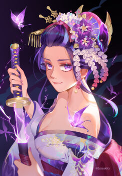  1girl absurdres alternate_costume alternate_hairstyle alternate_universe artist_name back_bow bangs_pinned_back bare_shoulders basakila blue_background bow bug butterfly closed_mouth collarbone crystalfly_(genshin_impact) electricity eyeliner fan_hair_ornament flower flower_hairpin flower_ornament from_side geisha genshin_impact glowing glowing_butterfly glowing_sword glowing_weapon hair_ornament hairpin highres holding holding_sword holding_weapon insect japanese_clothes kimono light_smile long_sleeves looking_at_viewer looking_to_the_side makeup mole mole_under_eye multicolored_eyes multicolored_hair multiple_hairpins musou_isshin_(genshin_impact) off_shoulder pink_lips purple_butterfly purple_eyes purple_hair purple_kimono purple_nails raiden_shogun red_eyeliner shade solo streaked_hair sword upper_body weapon wide_sleeves wisteria 