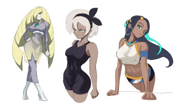  3girls 95hoody absurdres alternate_breast_size_(larger) aqua_eyes bea_(pokemon) bike_shorts black_bodysuit black_hair black_hairband blonde_hair bodysuit boots bow_hairband breasts closed_mouth commentary dark-skinned_female dark_skin dress earrings eyelashes grey_dress grey_eyes hairband hand_on_own_hip high_heel_boots high_heels highres hoop_earrings jewelry long_hair long_sleeves lusamine_(pokemon) multiple_girls nessa_(pokemon) nintendo pokemon pokemon_sm pokemon_swsh short_hair sports_bra white_background 