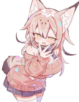  1girl :d animal_ears bare_shoulders black_hair black_tail blush blush_stickers bow breasts bright_pupils brown_hair brown_sweater brown_tail cleavage cropped_head cropped_legs double-parted_bangs fang fox_ears fox_girl fox_tail grey_bow grey_skirt hair_between_eyes hair_flaps hand_on_own_face head_tilt highres iridescent iridescent_clothes iridescent_hair large_breasts leaning_forward looking_at_viewer loose_hair_strand messy_hair mole mole_under_eye multicolored_hair off-shoulder_sweater off_shoulder open_mouth original pleated_skirt school_uniform skindentation skirt smile streaked_hair sweater tail thighhighs tsurime uenomigi unkempt upper_body white_background white_pupils white_thighhighs yellow_eyes zettai_ryouiki 