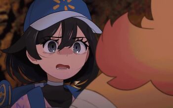  1girl animated backpack bag baseball_cap black_hair blue_hat cave_interior cyberpunk:_edgerunners cyberpunk_(series) design_speculation english_text fangs female_protagonist_(pokemon_ww) firing gameplay_mechanics grey_eyes hat khyle. muzzle_flash nintendo open_mouth orange_fur parted_lips pink_shirt pokemon pokemon_(creature) pokemon_ww pombon scene_reference shell_casing shirt tagme tongue tongue_out upper_body video walmart 