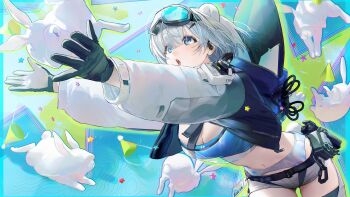  1girl animal_ears arknights arknights:_endfield aurora_(arknights) bear_ears bear_girl black_gloves blue_eyes blue_sports_bra catching clothing_cutout cropped_jacket earpiece extra_ears gloves goggles goggles_on_head highres jacket lal!role long_sleeves looking_up midriff multicolored_gloves navel open_clothes open_jacket open_mouth pants rabbit short_hair shorts ski_goggles snowshine_(arknights) solo sports_bra thigh_cutout two-tone_gloves white_gloves white_hair white_pants white_shorts 