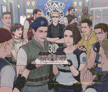  albert_wesker anniversary blue_tank_top blue_tube_top brown_hair chris_redfield clothes_around_waist fingerless_gloves gloves happy_anniversary hat holster jill_valentine multiple_boys multiple_girls police police_uniform rebecca_chambers resident_evil resident_evil_1 s.t.a.r.s._uniform sardine_(kjr0313) shoulder_holster strapless tank_top tube_top 