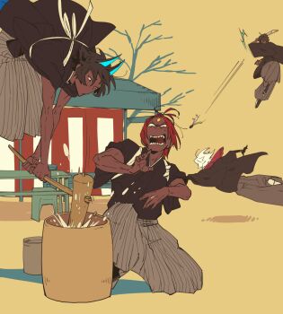  4boys alternate_costume angry arjuna_(fate) arjuna_alter_(fate) ashwatthama_(fate) bare_tree brown_hair commentary_request dark-skinned_male dark_skin facial_mark fate/grand_order fate_(series) food forehead_mark hagoita hane_(hanetsuki) hanetsuki highres holding holding_paddle horns japanese_clothes karna_(fate) kine kokujin_youhei male_focus mallet mochi mochitsuki multiple_boys open_mouth paddle red_hair sharp_teeth teeth tree white_hair 