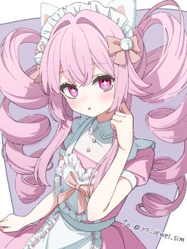  +_+ 1girl animal_ears apron bell blush bow collared_dress commentary commission diagonal-striped_bow dress drill_hair english_commentary frilled_apron frills hair_between_eyes hair_intakes hand_up highres jingle_bell long_hair looking_at_viewer maid maid_headdress original parted_lips pink_bow pink_dress puffy_short_sleeves puffy_sleeves purple_background purple_eyes ribbon-trimmed_apron ribbon_trim seero short_sleeves solo striped_bow twin_drills twintails twitter_username two-tone_background very_long_hair white_apron white_background 