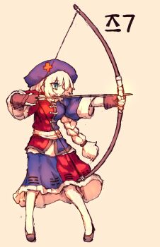  1girl adapted_costume arrow_(projectile) black_shoes blue_eyes bow_(weapon) braid breasts commentary cross cross_print drawing_bow fingerless_gloves full_body gloves grey_hair hat highres holding holding_bow_(weapon) holding_weapon korean_commentary korean_text long_hair medium_breasts nurse_cap orange_background print_hat purple_shirt purple_skirt rampa93 red_cross red_shirt red_skirt shirt shoes simple_background skirt solo touhou translation_request trigram two-tone_shirt two-tone_skirt very_long_hair weapon yagokoro_eirin 