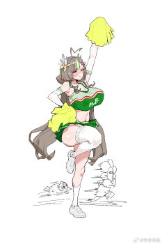 1girl ahoge arm_up armpits bare_shoulders blush breasts brown_hair cheering cheerleader cleavage closed_eyes closed_mouth elbow_gloves eyeshadow full_body gloves green_skirt hair_ornament highres indie_virtual_youtuber kuook large_breasts makeup mingqian_nailyu miniskirt multicolored_hair navel pom_pom_(cheerleading) purple_eyeshadow shoes simple_background single_thighhigh skirt smile sneakers socks solo_focus standing standing_on_one_leg sweat thick_thighs thighhighs thighs twintails virtual_youtuber white_socks white_thighhighs wide_hips rating:Sensitive score:11 user:danbooru