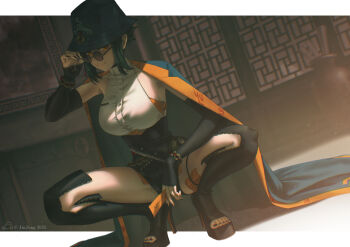  1girl 2025 absurdres adjusting_eyewear arm_warmers artist_name between_fingers black_arm_warmers black_boots black_hat black_nails black_shorts boots breasts bucket_hat coat coat_on_shoulders dutch_angle full_body green_coat green_hair hand_on_eyewear hand_up hat high-waist_shorts high_heels highres holding holding_ofuda indoors jinjung_b large_breasts lattice lianxin_(xinyue_tongxing) looking_at_viewer nail_polish ofuda ofuda_between_fingers open-toe_boots orange_eyes platform_boots platform_heels round_eyewear shade shirt short_hair shorts sleeveless sleeveless_shirt solo spread_legs squatting sunglasses thigh_boots thigh_strap toenail_polish toenails white_shirt xinyue_tongxing 