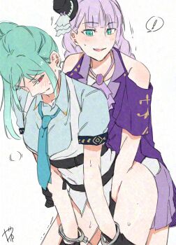  ! 2girls adversarial_noise belt black_gloves blue_necktie blue_shirt blush clothing_cutout commentary_request cuffs dress fingering gloves green_eyes green_hair handcuffs highres long_hair love_live! love_live!_superstar!! multiple_girls necktie onitsuka_tomari open_mouth ponytail purple_dress purple_hair reach-around red_eyes shirt shoulder_cutout simple_background smile spoken_exclamation_mark surfacedxxc sweat trembling veil vest white_background white_vest wien_margarete yuri 