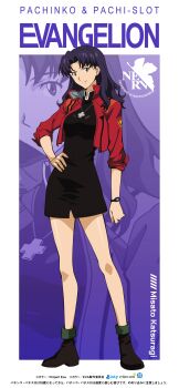 1girl absurdres artist_request black_boots black_dress boots character_name copyright_name cropped_jacket cross cross_necklace dress highres jacket jewelry katsuragi_misato long_hair necklace neon_genesis_evangelion nerv official_art purple_hair red_jacket short_dress solo watch wristwatch zoom_layer 