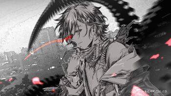  1boy anti-eyebrow_piercing asymmetrical_hair building commentary drawstring ear_piercing earrings english_commentary eye_trail face_piercing fingerless_gloves from_side gloves greyscale hair_between_eyes hair_ornament hairclip hand_up highres holostars jacket jewelry kanade_izuru light_trail lightning_bolt lightning_bolt_hair_ornament lightning_bolt_symbol looking_at_viewer male_focus mask mask_around_neck mask_pull medium_hair monochrome np.bear off_shoulder official_art open_clothes open_jacket parted_lips piercing profile scarf shirt skeletal_tail sleeve_cuffs solo spot_color tail torn_clothes torn_scarf unravel_(song) upper_body virtual_youtuber 