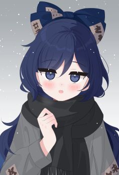  1girl adapted_costume black_scarf blue_bow blue_eyes blue_hair blush bow chimi_(s2yuyukos2) commentary grey_sweater hair_bow highres long_hair long_sleeves looking_at_viewer open_mouth scarf smile snowing solo sweater touhou yorigami_shion 