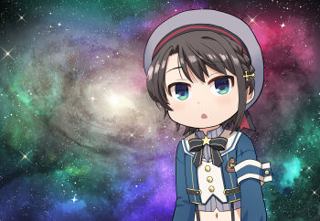  1girl armband black_bow black_bowtie blue_eyes blue_jacket blush bow bowtie braid brooch buttons commentary_request cropped_jacket cropped_shirt gold_buttons grey_hat grey_shirt hair_ornament hairclip haniwa_(leaf_garden) hat high_collar hololive jacket jewelry long_sleeves meme midriff navel official_alternate_costume official_alternate_hairstyle oozora_subaru oozora_subaru_(suspenders) pinstripe_pattern pinstripe_shirt sailor_hat shirt short_hair side_braid solo space space_cat_(meme) star_brooch suspenders swept_bangs triangle_mouth upper_body virtual_youtuber 