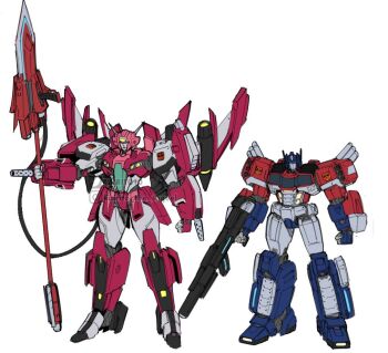  1boy 1girl airplane_wing armor autobot blue_eyes colored_skin commentary elita_one english_commentary gun helmet holding holding_weapon humanoid_robot insignia kairito10 looking_at_viewer machine mecha metal_skin no_humans optimus_prime pink_armor pink_helmet robot robot_girl science_fiction thighs transformers weapon 