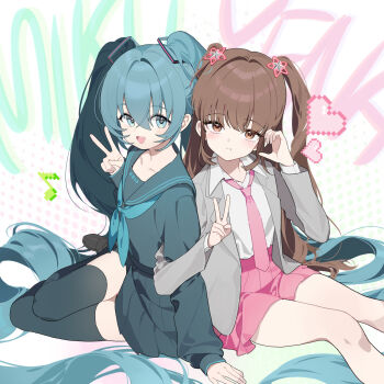  :d :t adcd back-to-back blazer blue_eyes blue_hair blue_neckerchief blue_sailor_collar blue_serafuku blue_shirt blue_skirt blue_thighhighs blush brown_eyes brown_hair character_name character_request closed_mouth collarbone collared_shirt commentary eighth_note feet_out_of_frame grey_jacket hair_intakes halftone halftone_background hand_up hatsune_miku heart highres jacket locked_arms long_hair long_sleeves looking_at_viewer musical_note neckerchief necktie open_clothes open_jacket open_mouth pink_necktie pink_skirt pixelated pleated_skirt sailor_collar school_uniform serafuku shirt sitting skirt sleeves_past_wrists smile text_background thighhighs twintails two_side_up v very_long_hair vocaloid white_shirt 