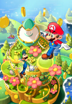  blue_overalls brothers brown_hair coin commentary_request facial_hair flower gloves green_hat green_shirt hat highres luigi maribou_(supermaribou) mario mario_&amp;_luigi:_brothership mario_&amp;_luigi_rpg mario_(series) mustache nintendo overalls red_hat red_shirt shirt siblings snoutlet_(mario) white_gloves wings 