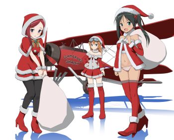  3girls aircraft alternate_costume black_hair black_pantyhose blue_eyes boots bow charlotte_e._yeager christmas commentary_request dress francesca_lucchini full_body gold_trim green_eyes hand_on_own_chest hat high_heels highres holding holding_sack kaneko_(novram58) long_hair looking_at_viewer maria_pier_di_romagna multiple_girls navel no_pants open_mouth orange_hair panties pantyhose red_boots red_eyes red_hair red_hood red_skirt red_thighhighs sack santa_costume santa_dress santa_hat simple_background skirt standing strike_witches striped_clothes striped_panties thighhighs twintails underwear white_background world_witches_series 