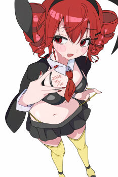  1girl absurdres ahoge animal_ears belly bikini black_bikini black_eyeshadow black_shrug blush blush_stickers body_writing breasts collar dated detached_collar drill_hair embarrassed eyelashes eyeshadow fake_animal_ears fang flustered hair_between_eyes hand_on_own_chest highleg highleg_panties highres ichiru_(ichill) kasane_teto leaning_forward long_sleeves looking_to_the_side makeup medium_breasts microskirt nail_polish navel necktie over-kneehighs panties playboy_bunny pulling_own_clothes rabbit_ears red_eyes red_hair red_nails red_necktie revealing_clothes reverse_bunnysuit reverse_outfit ringlets shrug_(clothing) simple_background skin_fang skirt socks solo strap_lift sweatdrop swimsuit thighhighs twin_drills underwear utau white_background white_collar white_wrist_cuffs wrist_cuffs yellow_panties yellow_socks 