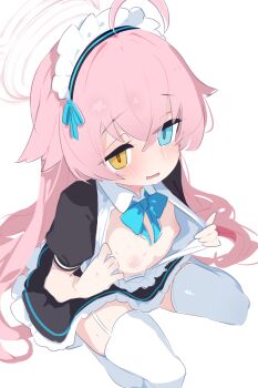  1girl black_dress blue_archive blue_bow blue_bowtie blue_eyes blush bow bowtie breasts dress embarrassed eyelashes feet_out_of_frame female_focus frilled_dress frills from_above from_side garter_straps halo heterochromia hoshino_(blue_archive) kukuchi581 loli long_hair maid maid_headdress nipples no_bra open_clothes open_dress open_mouth opened_by_self pink_hair pink_halo presenting_breasts presenting_own_body simple_background sitting skindentation small_breasts solo straight_hair thighhighs two-tone_dress wariza white_background white_dress white_thighhighs yellow_eyes 