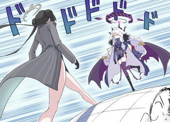  1boy 2girls ahoge armband black_coat black_gloves black_hair blue_archive breasts coat coat_on_shoulders commentary_request confrontation demon_girl demon_horns demon_wings dodododo doodle_sensei_(blue_archive) double_bun gloves grey_hair hair_bun highres hina_(blue_archive) horns jojo_no_kimyou_na_bouken kisaki_(blue_archive) long_hair low_wings meme multiple_girls oh?_you're_approaching_me?_(meme) parody purple_eyes red_armband sensei_(blue_archive) small_breasts standing twintails white_hair wings yokosima_lvc 