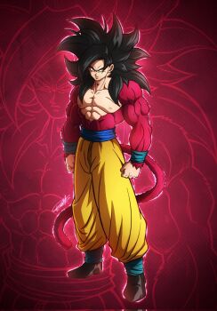  1boy aura black_hair body_fur clenched_hands dragon_ball dragon_ball_gt glowing highres medium_hair monkey_tail muscular muscular_male pants red_background red_fur red_tail renatt_(rntt_o) solo_focus son_goku spiked_hair standing super_saiyan super_saiyan_4 tail topless_male yellow_pants zoom_layer 