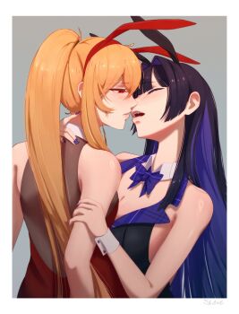  2girls absurdres bare_arms black_dress blonde_hair blush border bow bowtie breasts cleavage closed_eyes commentary detached_collar dress english_commentary grey_background hair_intakes highres hololive hololive_english hololive_indonesia kaela_kovalskia long_hair looking_at_another multiple_girls open_mouth ouro_kronii parted_lips ponytail purple_bow purple_bowtie purple_hair purple_nails red_dress red_eyes srewe5 virtual_youtuber white_border wrist_cuffs yuri 