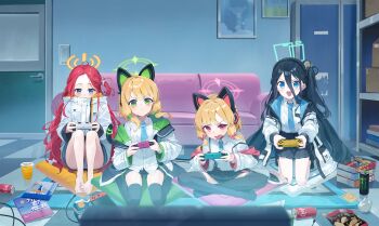  4girls :d absurdres ahoge animal_ear_headphones animal_ears aqua_halo aris_(blue_archive) bag_of_chips barefoot black_shorts black_skirt black_socks black_thighhighs blonde_hair blue_archive blue_eyes blue_jacket blue_necktie blush book book_stack bow box breasts bright_pupils buttons cable can cardboard_box cat_ear_headphones cat_ears closed_mouth collared_shirt commentary_request controller couch covered_mouth cup disposable_cup door double-parted_bangs drink_can drink_carton energy_drink enokinoko1010 eyes_visible_through_hair fake_animal_ears fang forehead frilled_jacket frilled_skirt frills full_body game_controller game_development_department_(blue_archive) green_bow green_eyes green_halo green_jacket hair_between_eyes hair_bow halo handheld_game_console headphones highres holding holding_controller holding_game_controller hood hood_down hooded_jacket indian_style indoors jacket kneeling knees_up long_bangs long_hair long_hair_between_eyes long_sleeves looking_at_viewer low-tied_sidelocks lower_teeth_only medium_hair midori_(blue_archive) milk_carton miniskirt momoi_(blue_archive) monster_energy multicolored_jacket multiple_girls multiple_hair_bows necktie nintendo_switch no_shoes off_shoulder on_floor one_side_up open_clothes open_jacket open_mouth panties parted_bangs pink_bow pink_eyes pink_halo pink_jacket playing_games pleated_skirt puffy_long_sleeves puffy_sleeves rectangular_halo red_hair school_uniform shirt shirt_tucked_in short_shorts shorts siblings sidelocks single_off_shoulder sisters sitting skin_fang skirt small_breasts smile socks soda_can suspender_skirt suspenders suspenders_slip teeth thighhighs tie_clip tissue_box toes twins two-sided_fabric two-sided_jacket underwear untucked_shirt upper_teeth_only v-shaped_eyebrows very_long_hair wariza white_bow white_jacket white_panties white_shirt yellow_halo yellow_jacket yuzu_(blue_archive) 