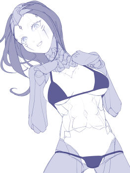  1girl bikini blame! breasts cyberpunk cyborg facial_mark greyscale joints long_hair looking_at_viewer monochrome open_mouth pale_skin pcell robot_joints silicon_creature_(blame!) simple_background smile solo swimsuit white_background yoshino_(yoshinono!) 
