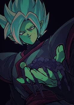  1boy absurdres black_background black_shirt colored_skin dragon_ball dragon_ball_super earrings fused_zamasu gem green_eyes green_gemstone green_skin grey_vest highres jewelry kaioushin looking_at_object male_focus open_mouth otyumamii pointy_ears potara_earrings shirt short_hair slime_(substance) solo sphere_earrings spiked_hair sweatdrop upper_body vest white_hair zamasu 