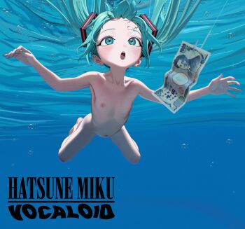  1girl album_cover blue_eyes blue_hair blue_nails character_name collarbone completely_nude copyright_name cover flat_chest full_body hatsune_miku highres kingrun loli money navel nevermind nipples nirvana_(band) nude solo twintails underwater vocaloid yen 