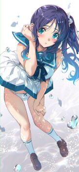 1girl air_bubble blue_bow blue_bowtie blue_eyes blue_hair blue_ribbon blue_sailor_collar blush bow bow_panties bowtie breasts brown_footwear bubble caustics commentary_request dress fish full_body hair_ribbon hand_on_own_thigh hand_up highres hiradaira_chisaki kneehighs large_breasts leaning_forward loafers long_hair looking_at_viewer nagayori nagi_no_asukara nami_junior_high_school_uniform panties parted_lips pleated_dress ribbon sailor_collar sailor_dress school_uniform shirt shoes side_ponytail sidelocks sleeveless sleeveless_dress sleeveless_shirt socks teeth underwater underwear white_dress white_panties white_socks rating:Sensitive score:23 user:danbooru