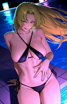  1girl arm_support bikini black_bikini blonde_hair breasts collarbone commentary_request covered_erect_nipples cowboy_shot curvy eyelashes floating_hair halterneck hand_on_own_stomach highres hoshino_akarii jujutsu_kaisen large_breasts licking_lips long_hair looking_at_viewer micro_bikini naughty_face navel parted_bangs pink_hair pool poolside seductive_smile side-tie_bikini_bottom sitting smile swimsuit thick_thighs thighs tongue tongue_out tsukumo_yuki_(jujutsu_kaisen) wet 
