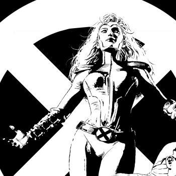  1girl belt black_background bodysuit commentary english_commentary greyscale highres jean_grey long_hair looking_down marvel monochrome realistic shoulder_pads simple_background solo superhero_costume traditional_media valerio_giangiordano western_comics_(style) white_background x-men x-uniform x_(symbol) 