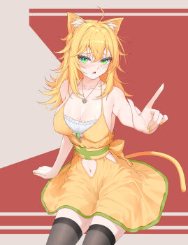  1girl absurdres ahoge animal_ear_fluff animal_ears arm_support black_thighhighs blonde_hair breasts cat_ears cat_girl cat_tail cleavage clothing_cutout commentary_request dress fang green_eyes hair_between_eyes highres invisible_chair jewelry long_hair looking_at_viewer medium_breasts navel navel_cutout open_mouth original pendant revision simple_background sitting skin_fang solo sonikey0_0 tail thighhighs two-tone_background yellow_dress yellow_nails 
