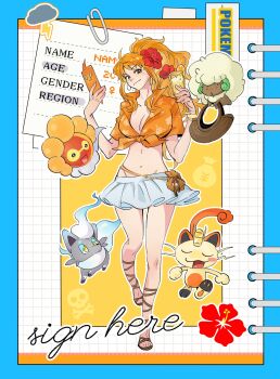  1girl a_dong1987 alternate_color alternate_costume bag bracelet breasts brown_eyes castform castform_(sunny) cleavage closed_mouth cloud crossover cup earrings flower food fruit full_body gen_1_pokemon gen_3_pokemon gen_4_pokemon gen_5_pokemon groin hair_flower hair_ornament high_ponytail highleg highleg_panties highres hisuian_zorua holding holding_bag holding_cup hoop_earrings jewelry large_breasts long_hair looking_at_viewer mandarin_orange meowth midriff miniskirt money_bag nami_(one_piece) navel nintendo one_piece orange_(fruit) orange_hair orange_shirt orange_slice panties pokemon pokemon_(creature) ponytail red_flower rotom rotom_phone sandals shiny_pokemon shirt short_sleeves sidelocks skirt skull tied_shirt underwear walking wavy_hair whimsicott white_skirt 