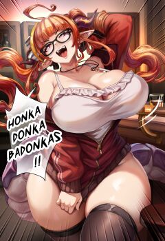  1girl absurdres ahoge breasts cleavage dragon_horns dragon_tail english_text gad_the_god glasses highres hololive horns jacket jewelry kiryu_coco kiryu_coco_(loungewear) large_breasts long_hair long_sleeves necklace open_mouth orange_hair pointy_ears purple_horns purple_tail red_jacket solo speech_bubble tail thighhighs virtual_youtuber zipper zipper_pull_tab 