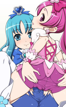 10s 2girls ass bad_id bad_pixiv_id bike_shorts blue_eyes blue_hair blush bow cure_blossom cure_marine earrings fingernails hair_ornament hanasaki_tsubomi heartcatch_precure! high_ponytail jewelry kurumi_erika latex long_hair magical_girl masa_yuki multiple_girls pink_bow pink_eyes pink_hair ponytail precure pussy spread_legs spread_pussy spread_pussy_under_clothes take_your_pick thighhighs yukimasa_(nkk145) yuri rating:Explicit score:92 user:danbooru