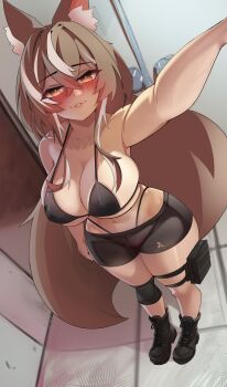  absurdres animal_ear_fluff animal_ears bathroom bike_shorts blush boots bra breasts brown_eyes brown_hair callisto_(greyeth) fox_ears fox_girl fox_tail highres knee_pads large_breasts navel original panties pouch selfie smile tail tascalate tile_floor tiles underwear 