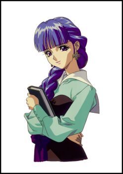  1990s_(style) 1girl black_border blue_eyes blue_hair book border braid braided_ponytail cropped_torso cross cross_earrings crossed_arms earrings eberouge eyelashes hair_over_shoulder holding holding_book hugging_book hugging_object jewelry light_smile long_hair long_sleeves looking_at_viewer non-web_source official_art retro_artstyle solo 